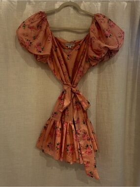 LoveShackFancy Coral Peach Floral V-Neck Dress